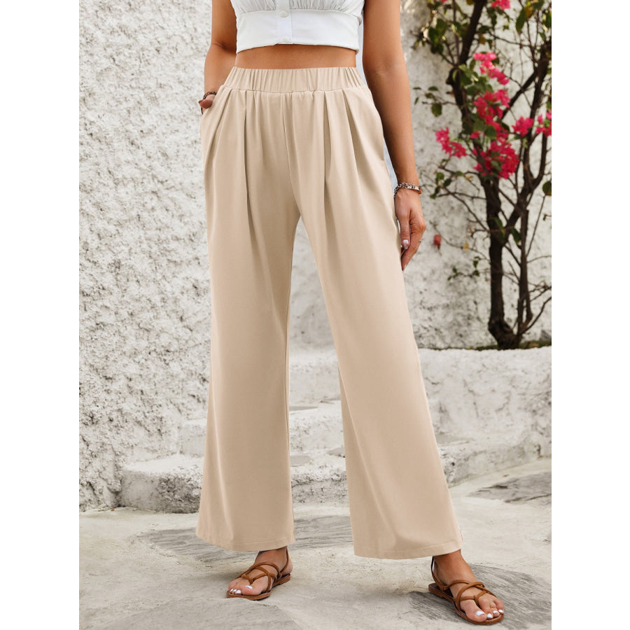 Elastic Waist Wide Leg Pants Tan / XS Apparel and Accessories