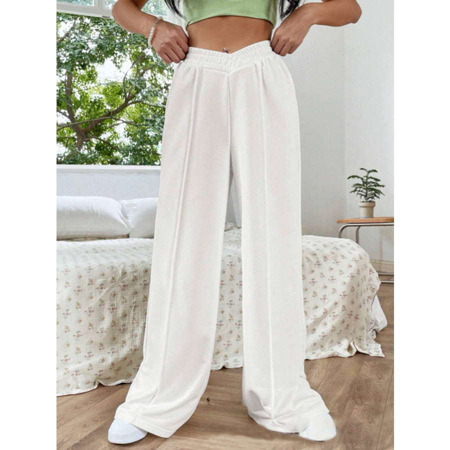 Elastic Waist Wide Leg Pants White / S Apparel and Accessories