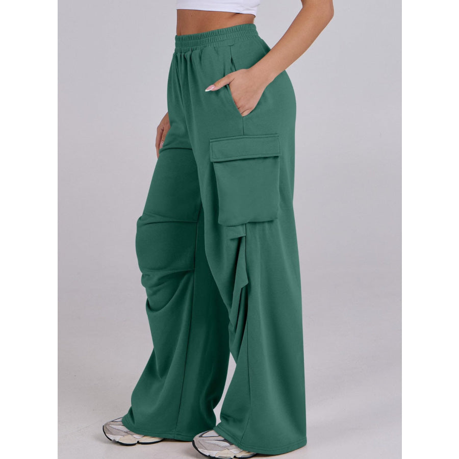 Elastic Waist Wide Leg Pants with Pockets Apparel and Accessories