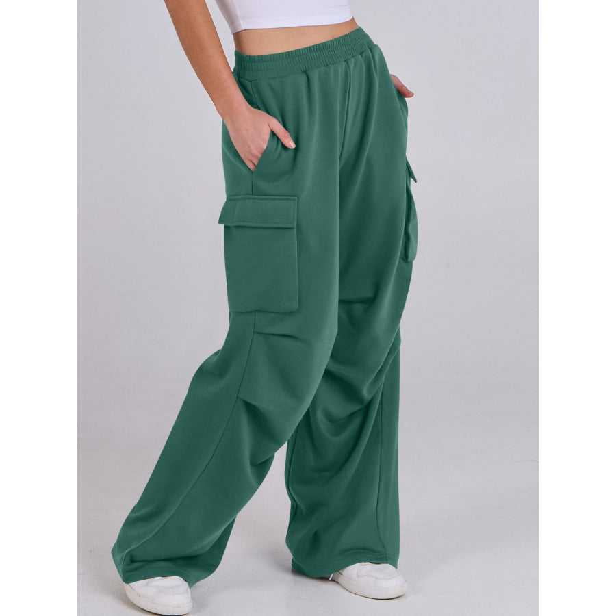 Elastic Waist Wide Leg Pants with Pockets Apparel and Accessories
