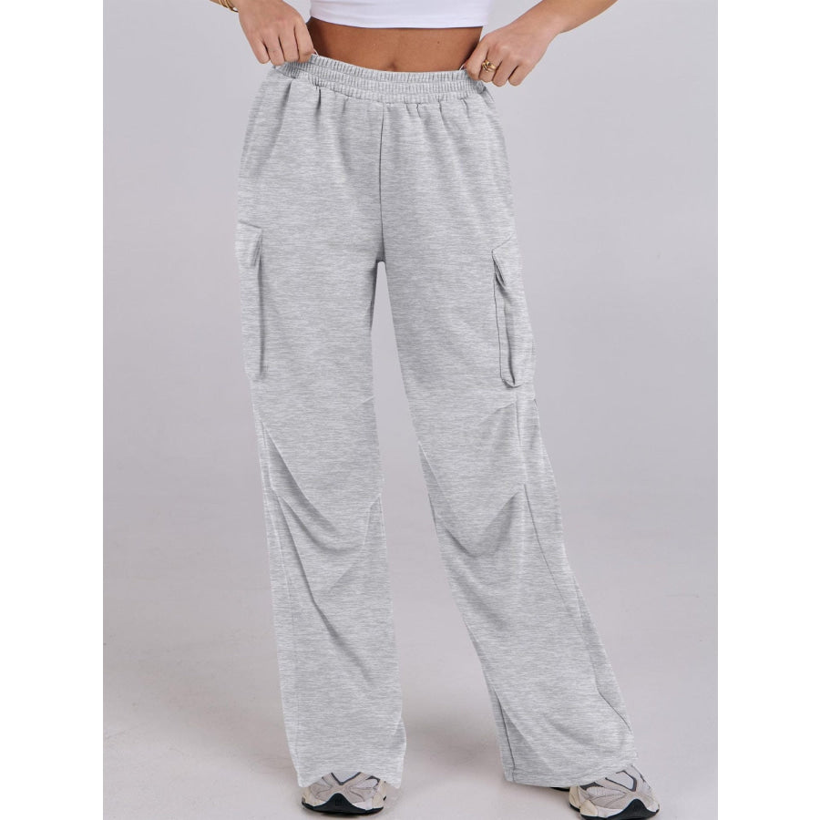 Elastic Waist Wide Leg Pants with Pockets Apparel and Accessories