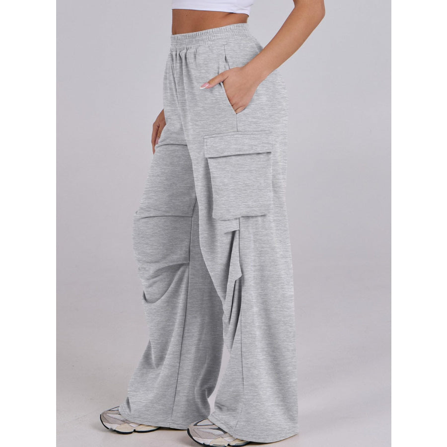 Elastic Waist Wide Leg Pants with Pockets Apparel and Accessories