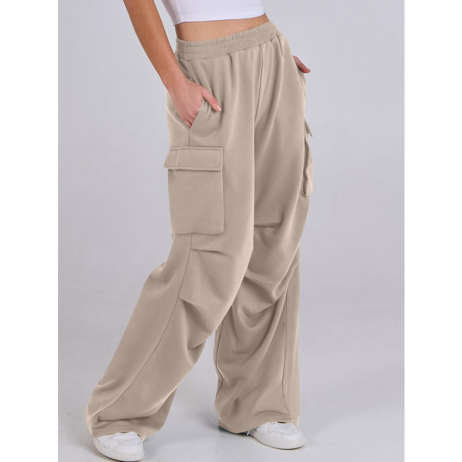 Elastic Waist Wide Leg Pants with Pockets Apparel and Accessories