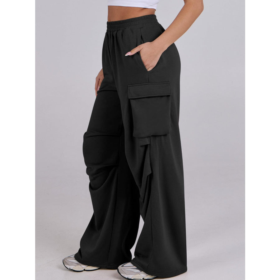 Elastic Waist Wide Leg Pants with Pockets Apparel and Accessories