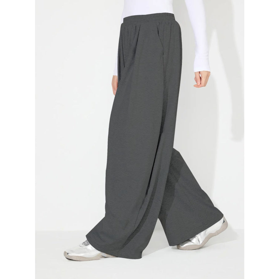 Elastic Waist Wide Leg Pants with Pockets Apparel and Accessories