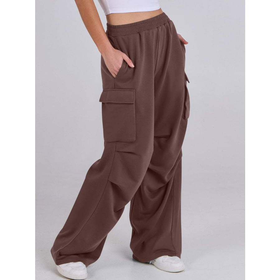 Elastic Waist Wide Leg Pants with Pockets Apparel and Accessories