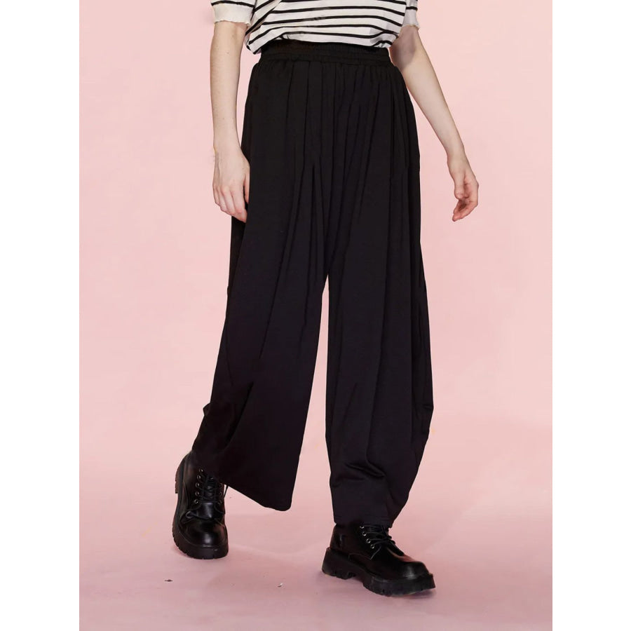 Elastic Waist Wide Leg Pants with Pockets Black / S Apparel and Accessories