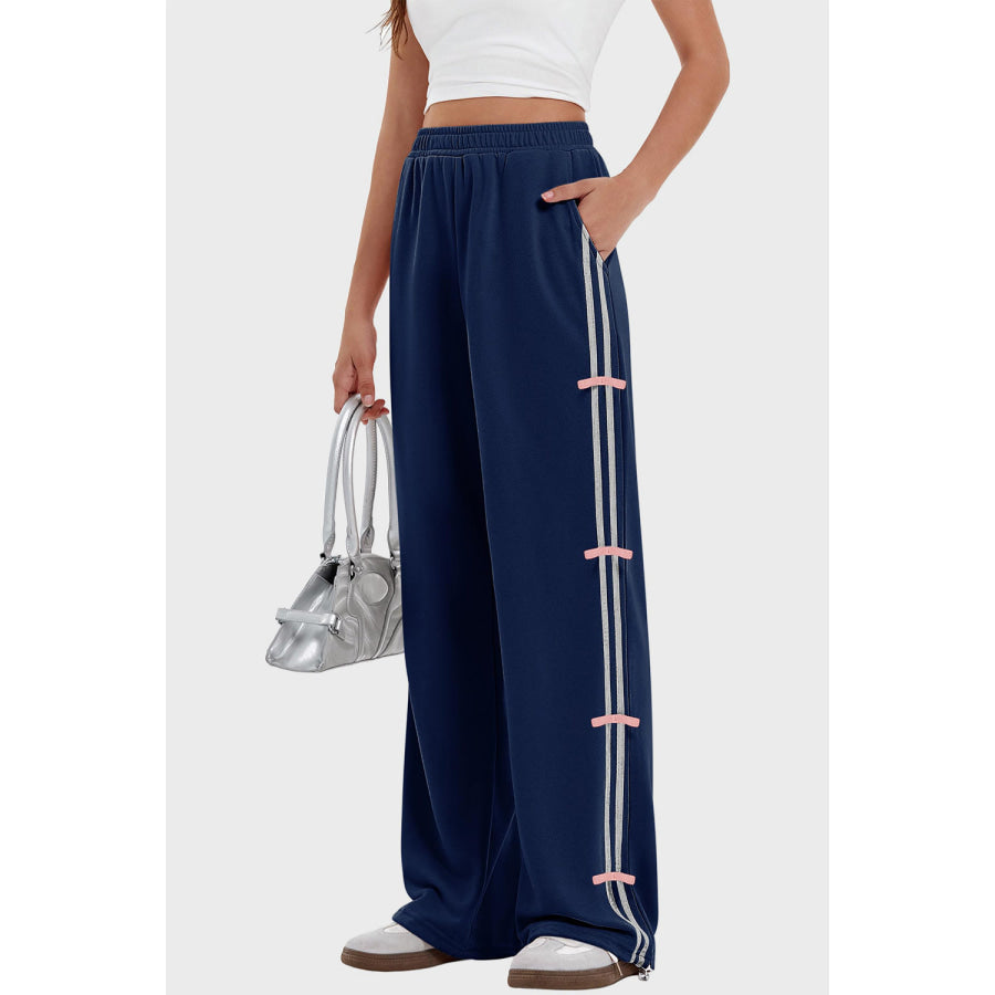 Elastic Waist Wide Leg Pants with Pockets Dark Blue / S Apparel and Accessories