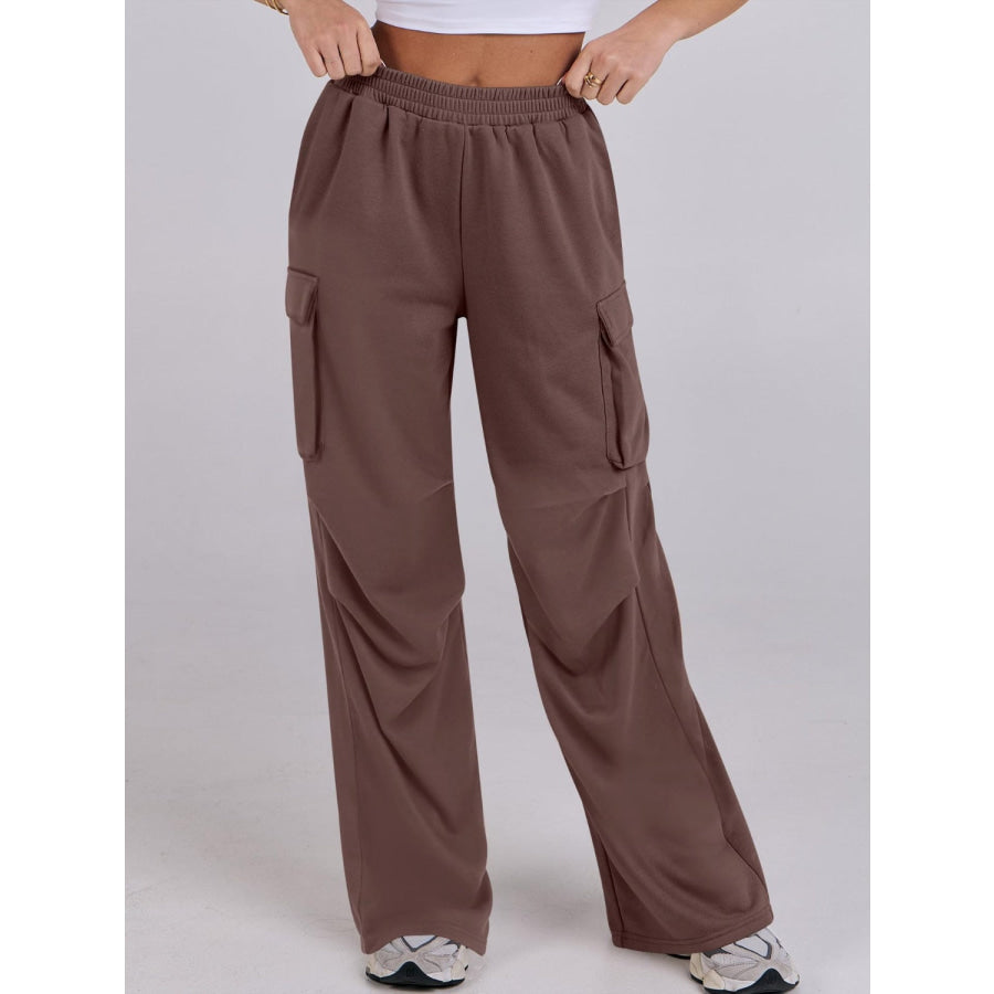 Elastic Waist Wide Leg Pants with Pockets Dark Brown / S Apparel and Accessories
