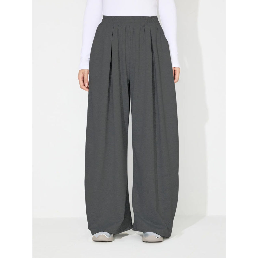 Elastic Waist Wide Leg Pants with Pockets Dark Gray / S Apparel and Accessories