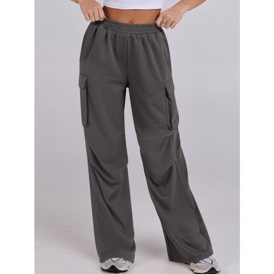 Elastic Waist Wide Leg Pants with Pockets Dark Gray / S Apparel and Accessories