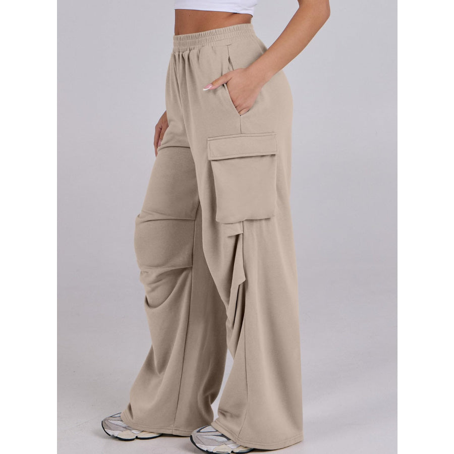 Elastic Waist Wide Leg Pants with Pockets Tan / S Apparel and Accessories