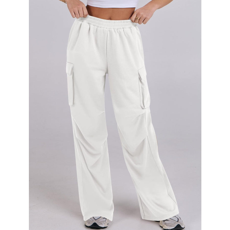 Elastic Waist Wide Leg Pants with Pockets White / S Apparel and Accessories