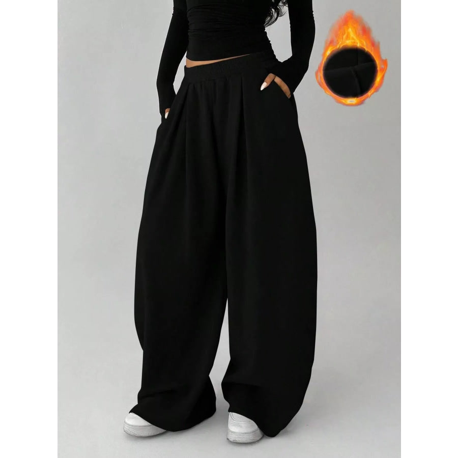 Elastic Waist Wide-Leg Sweatpants Black / S Apparel and Accessories