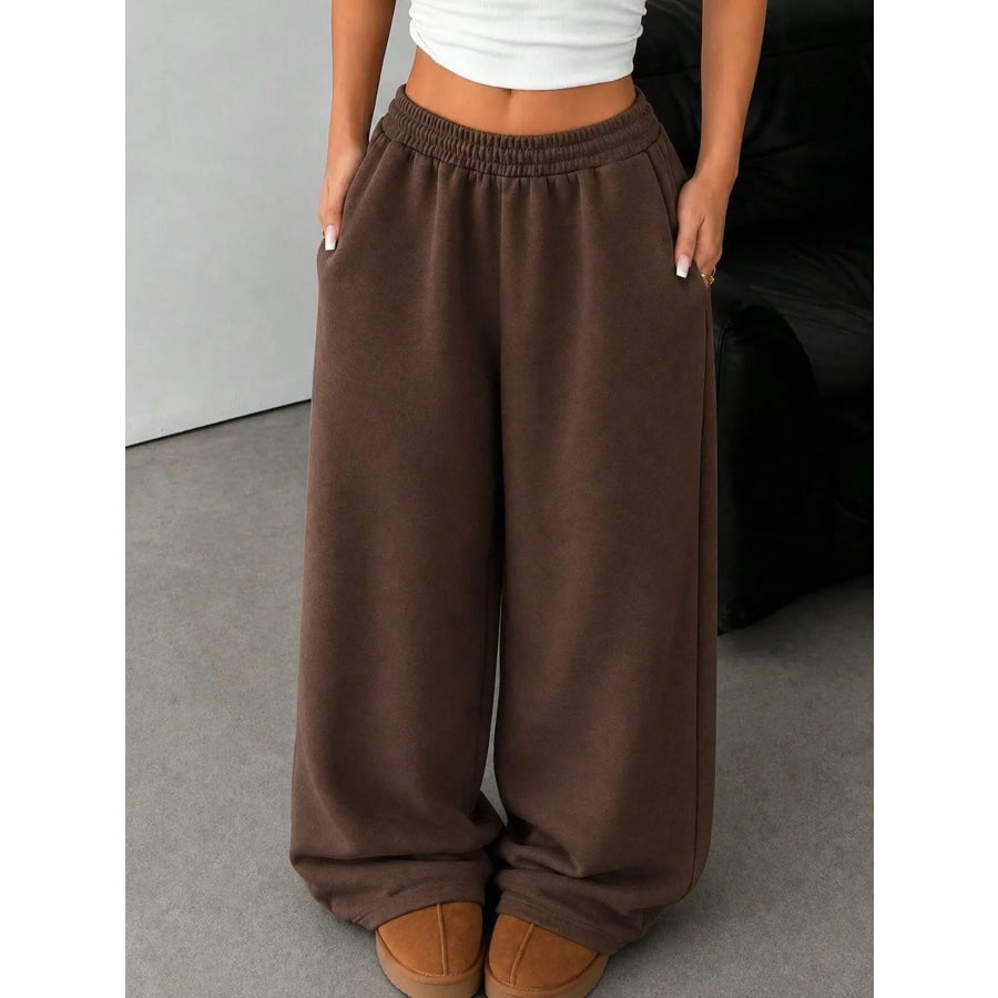 Elastic Waist Wide-Leg Sweatpants Brown / S Apparel and Accessories