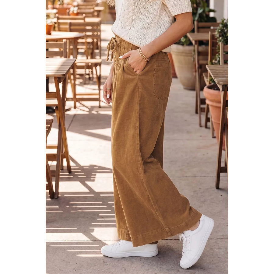 Elastic Waist Wooden Button Placket Ankle Length Wide Leg Pants Apparel and Accessories