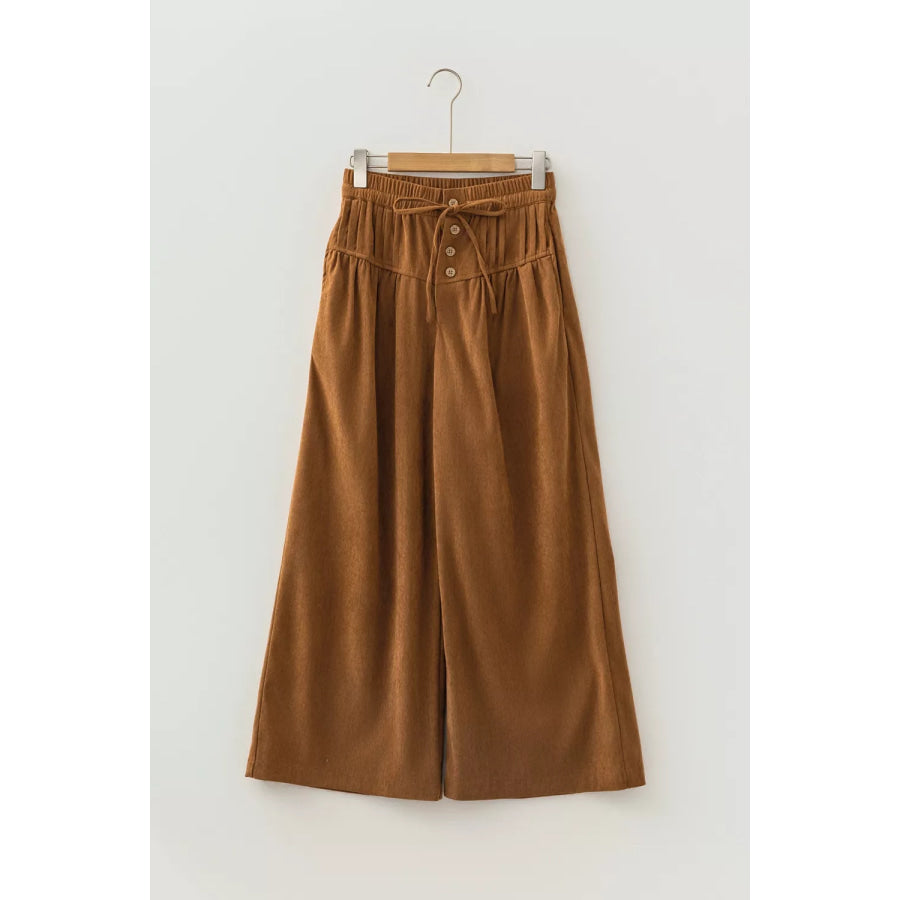 Elastic Waist Wooden Button Placket Ankle Length Wide Leg Pants Apparel and Accessories