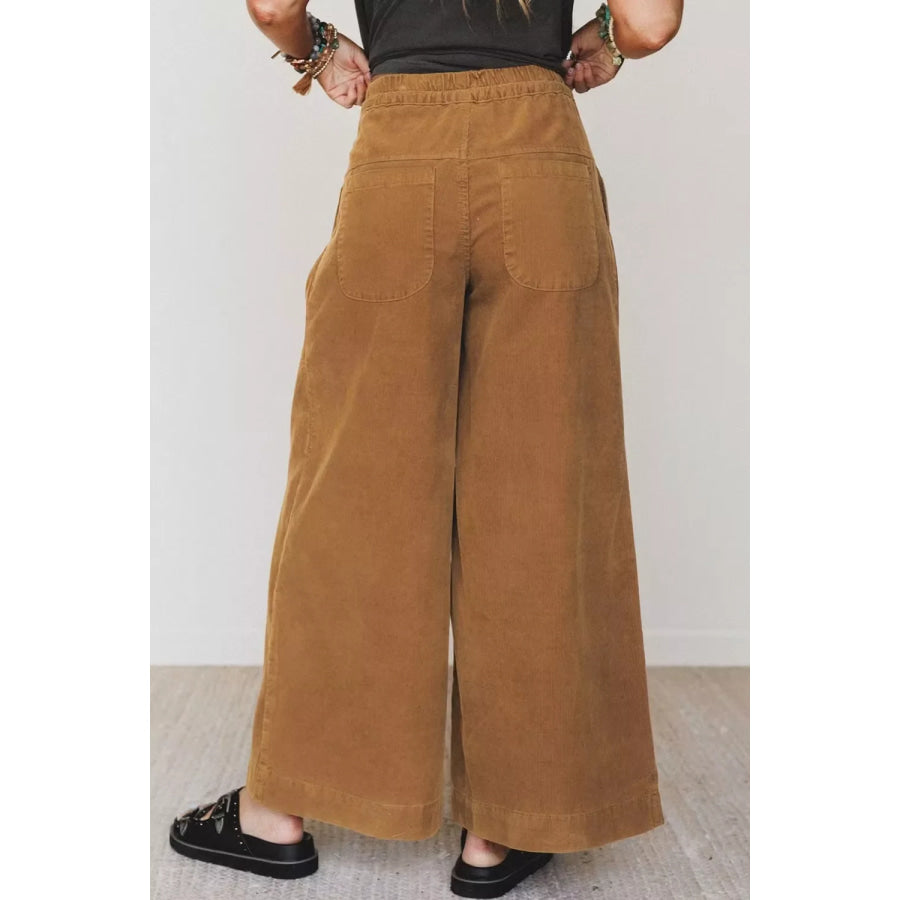 Elastic Waist Wooden Button Placket Ankle Length Wide Leg Pants Apparel and Accessories