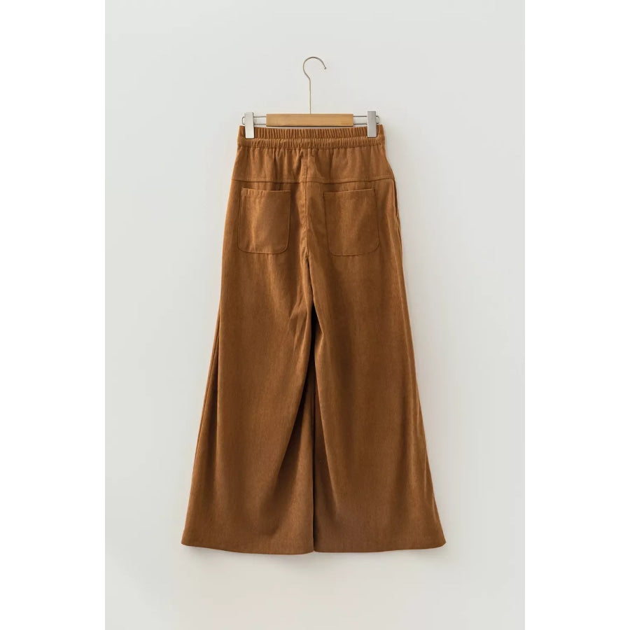 Elastic Waist Wooden Button Placket Ankle Length Wide Leg Pants Apparel and Accessories