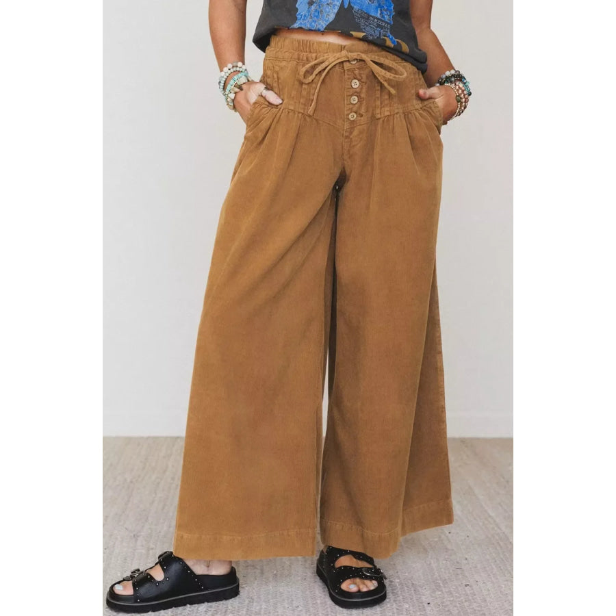 Elastic Waist Wooden Button Placket Ankle Length Wide Leg Pants Camel / S Apparel and Accessories