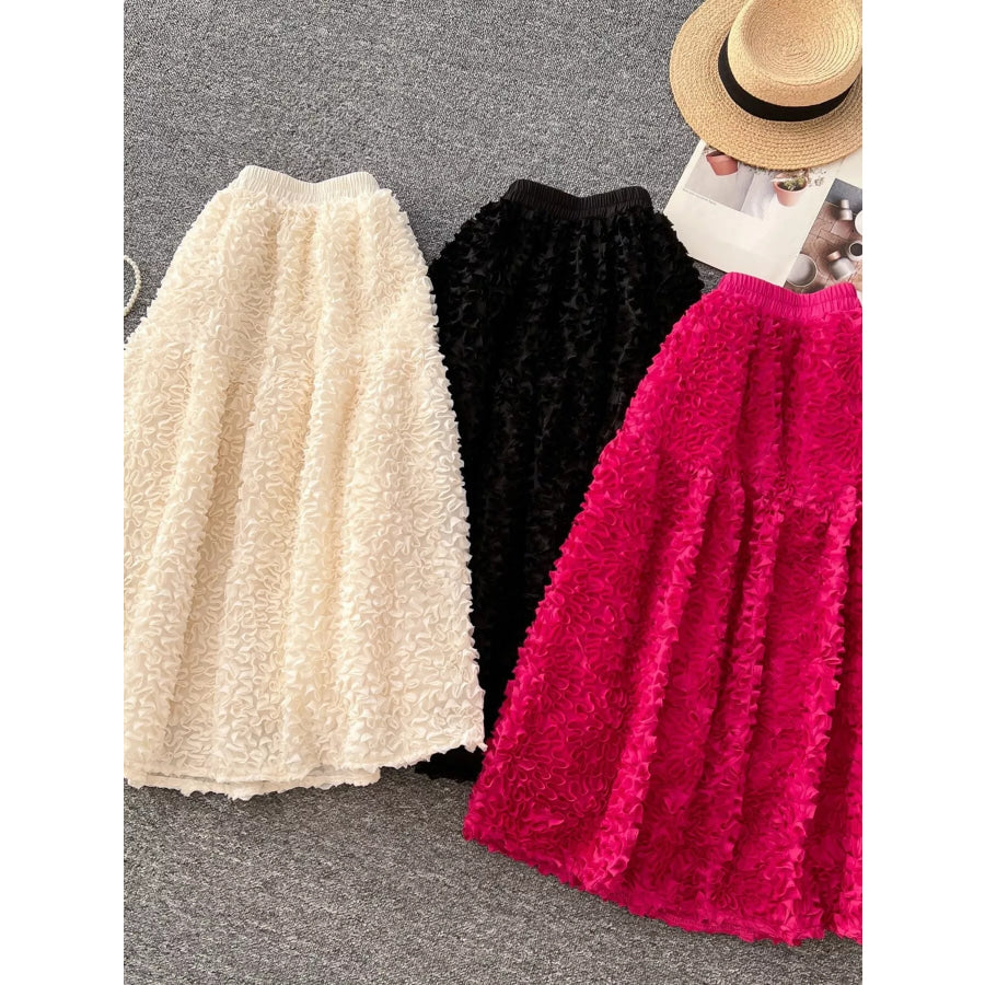 Elegant 3D Lace Trim High‑Waist A‑Line Midi Skirt Apparel and Accessories