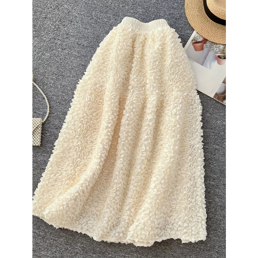 Elegant 3D Lace Trim High‑Waist A‑Line Midi Skirt Apricot / One Size Apparel and Accessories