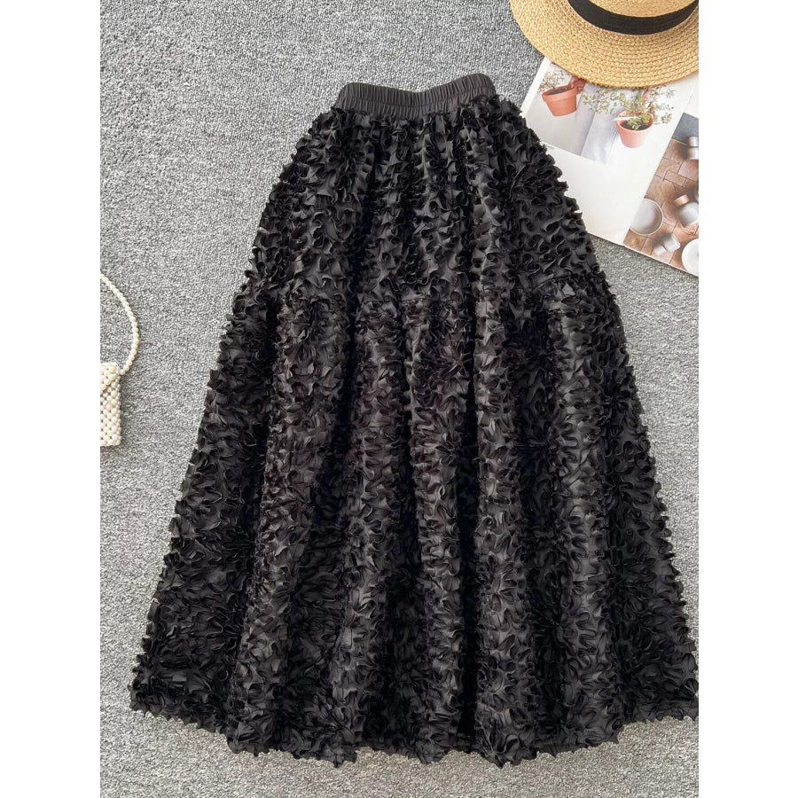 Elegant 3D Lace Trim High‑Waist A‑Line Midi Skirt Black / One Size Apparel and Accessories