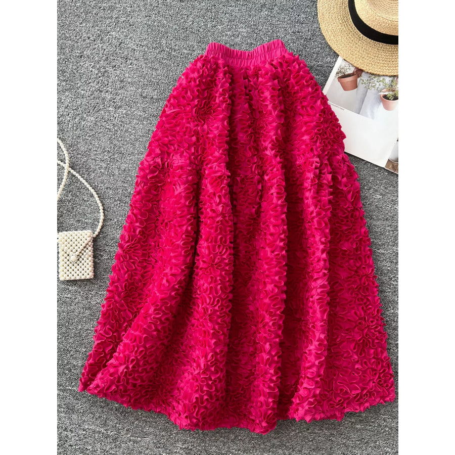 Elegant 3D Lace Trim High‑Waist A‑Line Midi Skirt Rose Red / One Size Apparel and Accessories