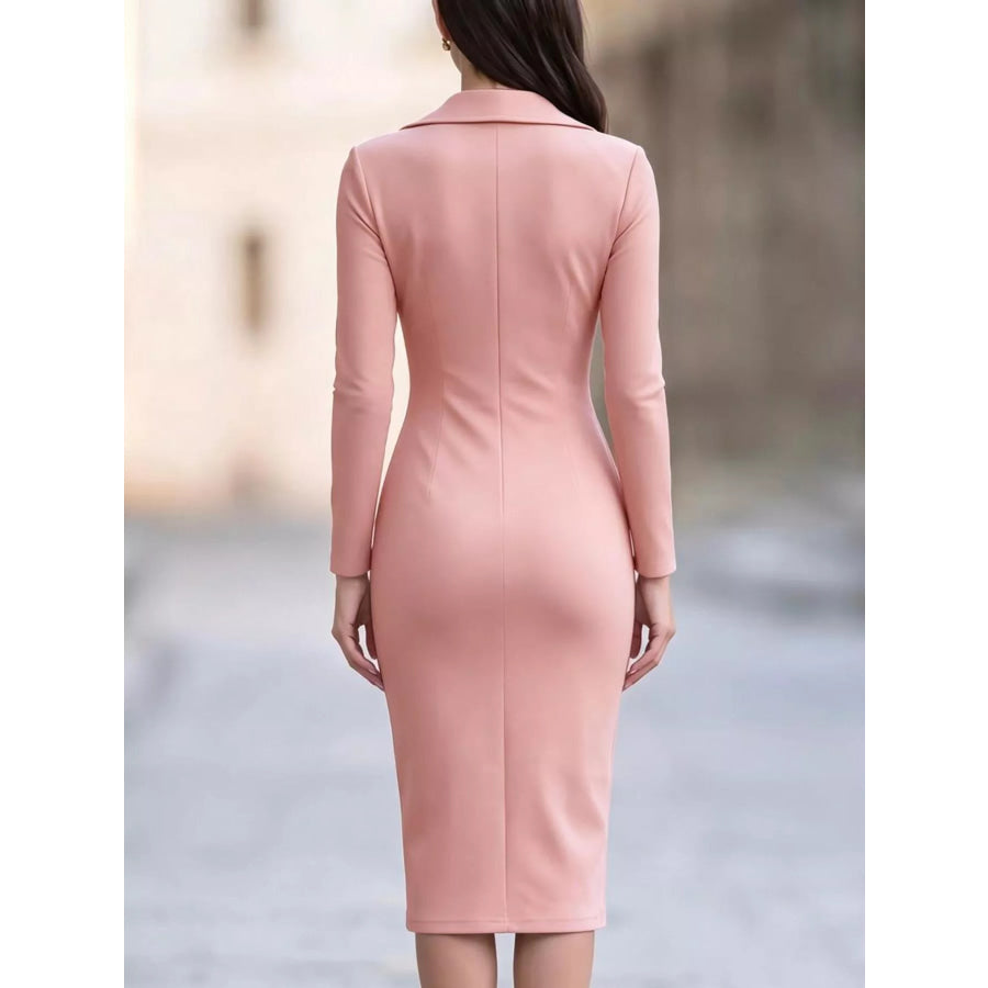 Elegant Asymmetric Zipper Lapel Bodycon Midi Dress Apparel and Accessories