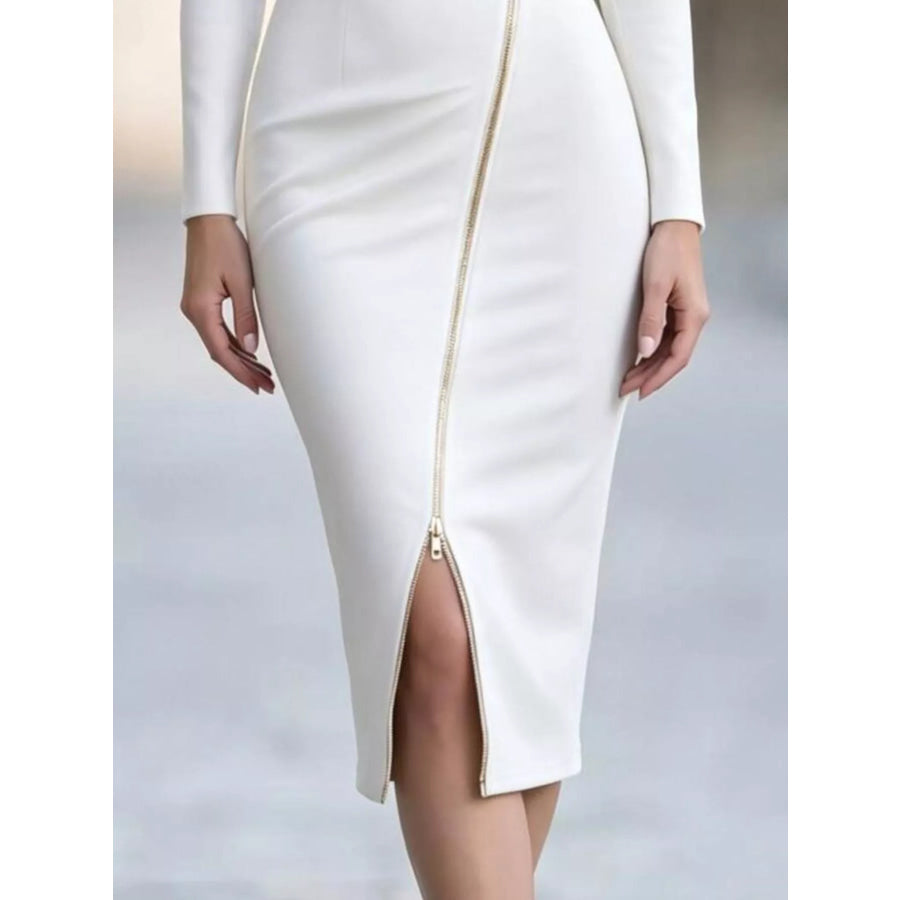 Elegant Asymmetric Zipper Lapel Bodycon Midi Dress Apparel and Accessories