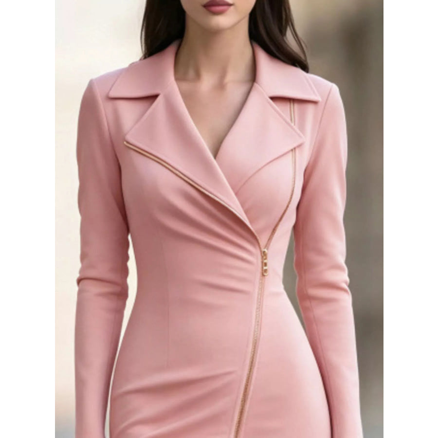 Elegant Asymmetric Zipper Lapel Bodycon Midi Dress Apparel and Accessories