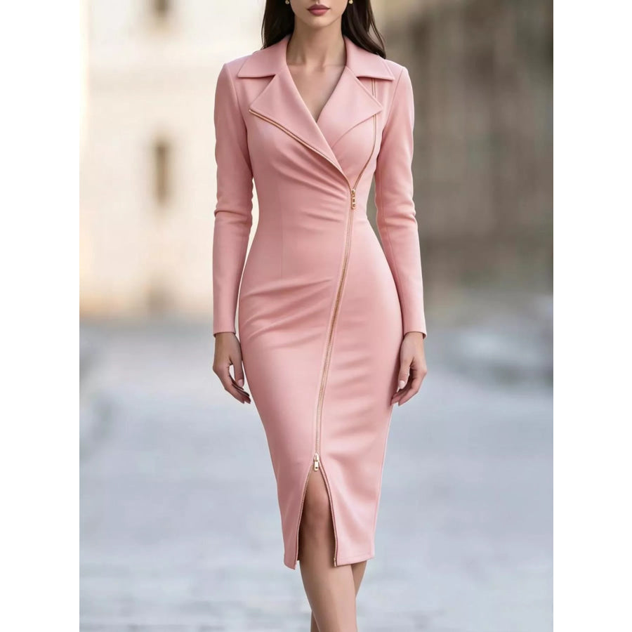 Elegant Asymmetric Zipper Lapel Bodycon Midi Dress Blush Pink / S Apparel and Accessories