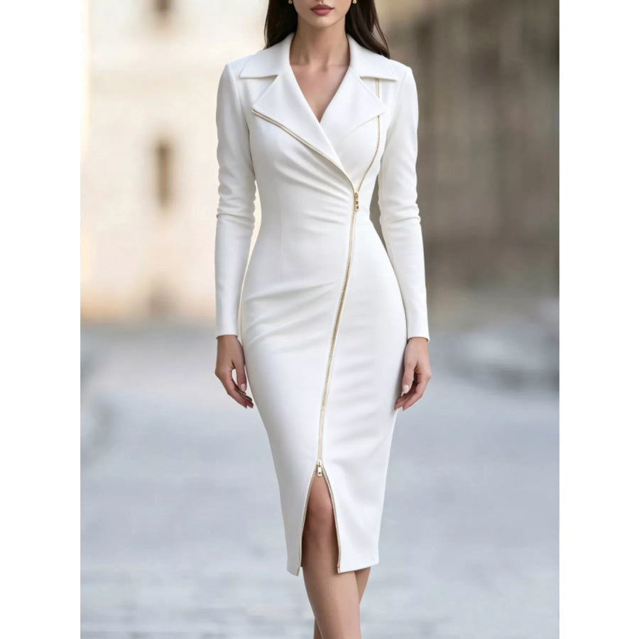Elegant Asymmetric Zipper Lapel Bodycon Midi Dress White / S Apparel and Accessories