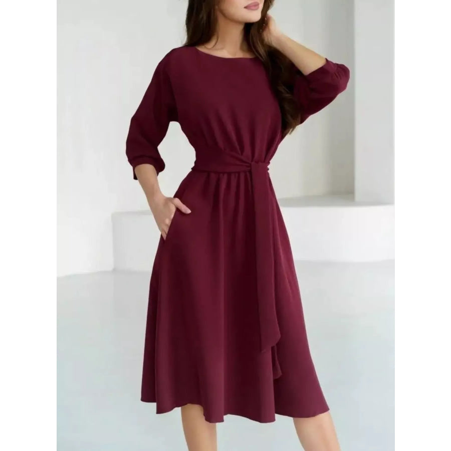 Elegant Belted Waist Midi Dress Apparel and Accessories