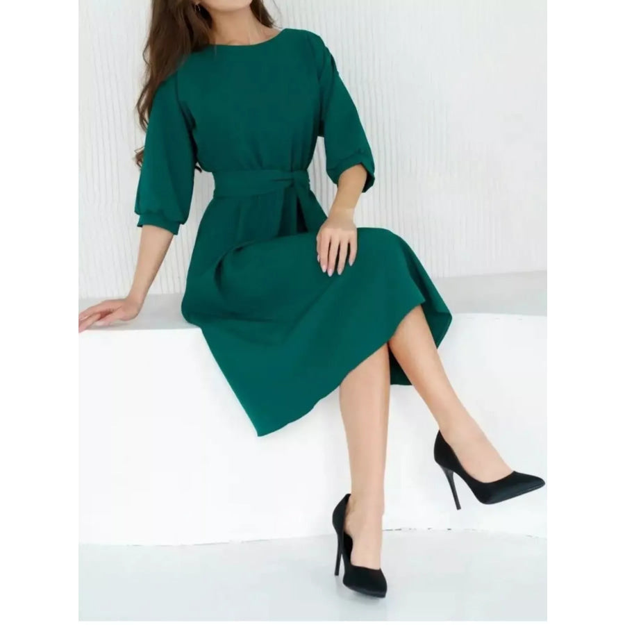 Elegant Belted Waist Midi Dress Apparel and Accessories