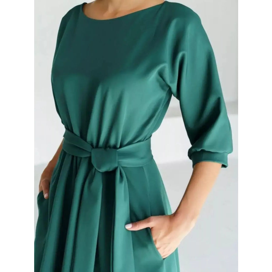 Elegant Belted Waist Midi Dress Apparel and Accessories