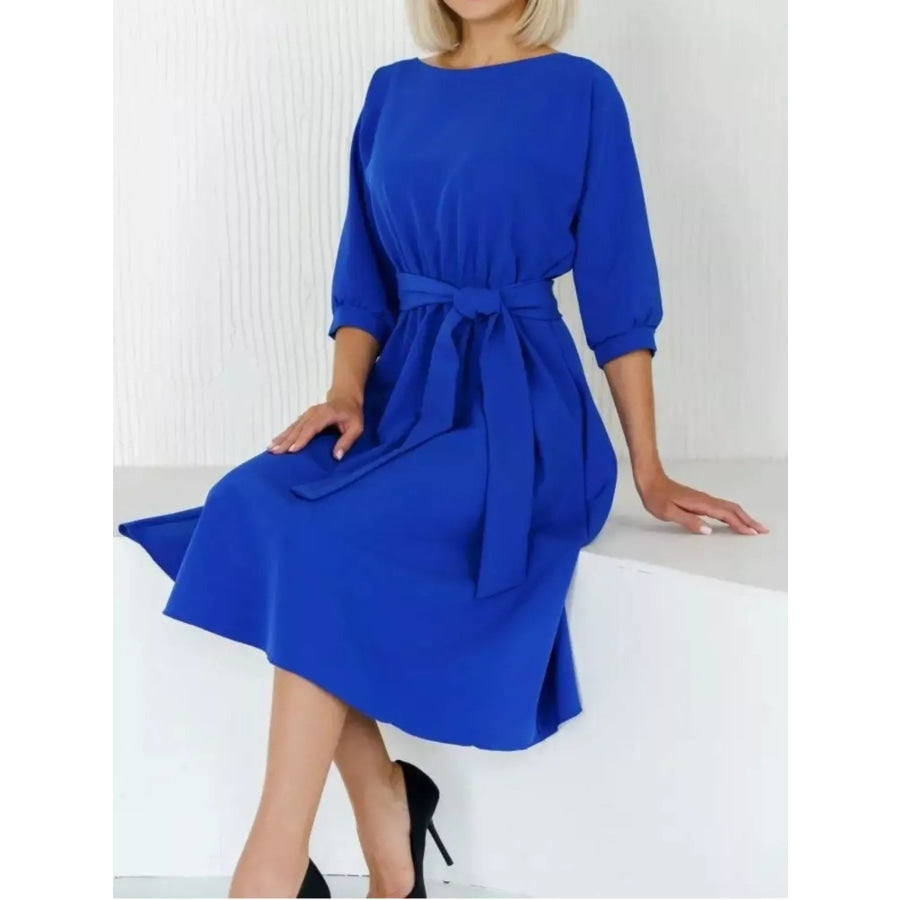 Elegant Belted Waist Midi Dress Apparel and Accessories