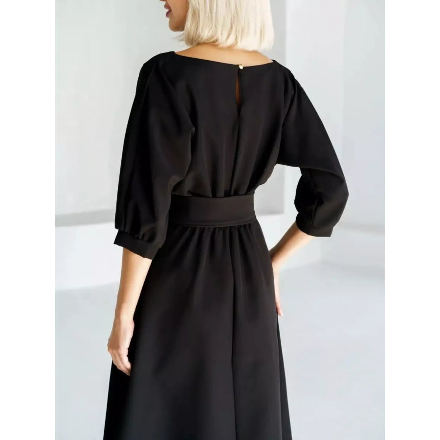 Elegant Belted Waist Midi Dress Apparel and Accessories
