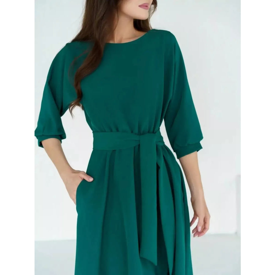 Elegant Belted Waist Midi Dress Apparel and Accessories