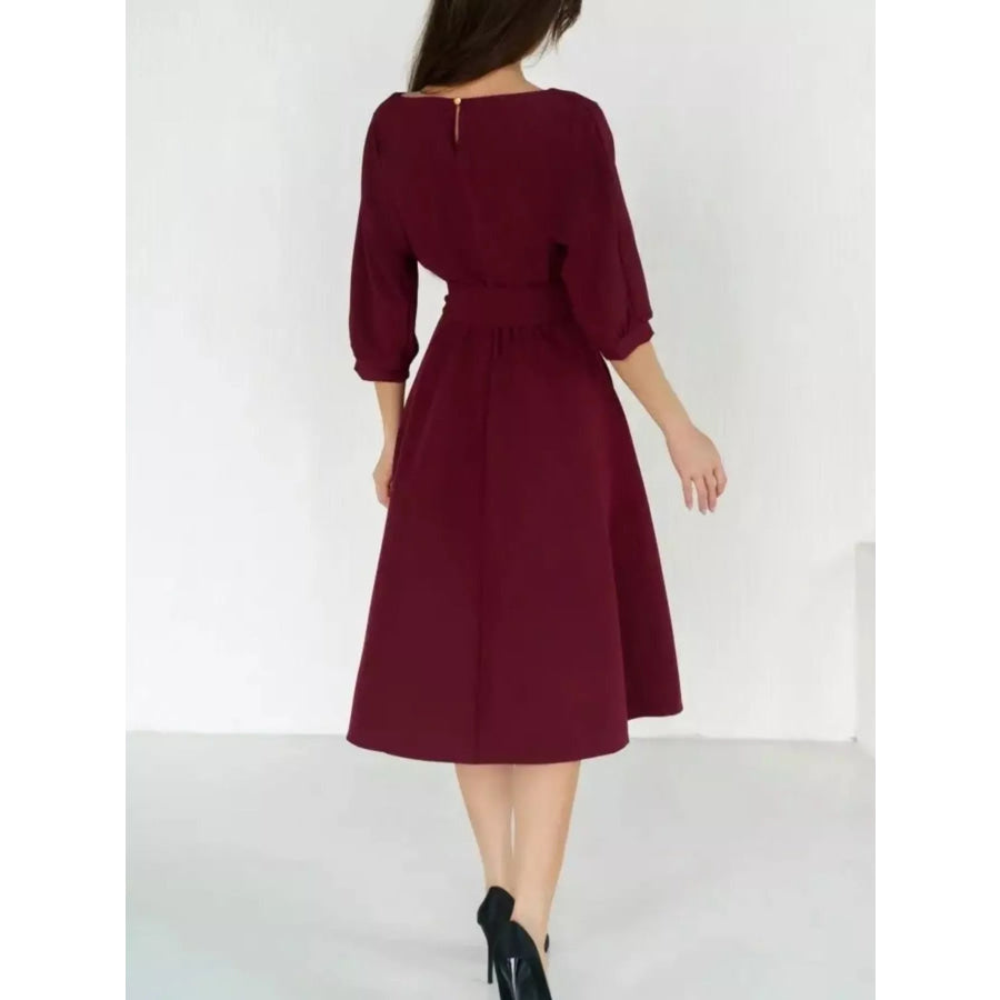 Elegant Belted Waist Midi Dress Apparel and Accessories