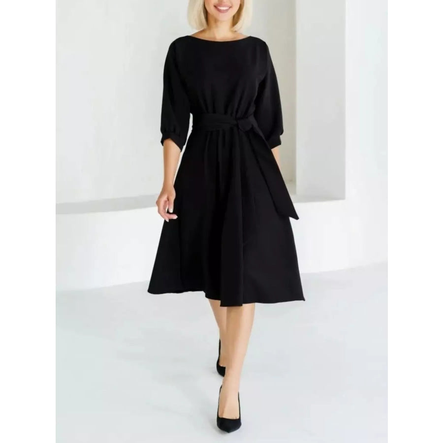 Elegant Belted Waist Midi Dress Black / S Apparel and Accessories
