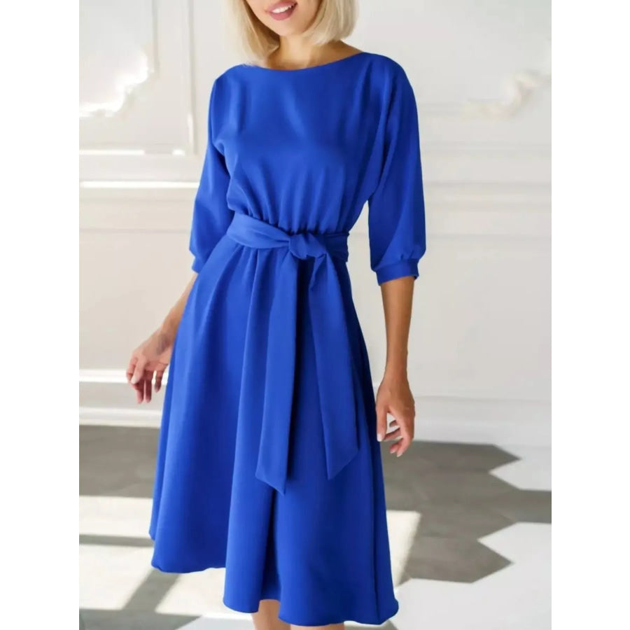 Elegant Belted Waist Midi Dress Blue / S Apparel and Accessories
