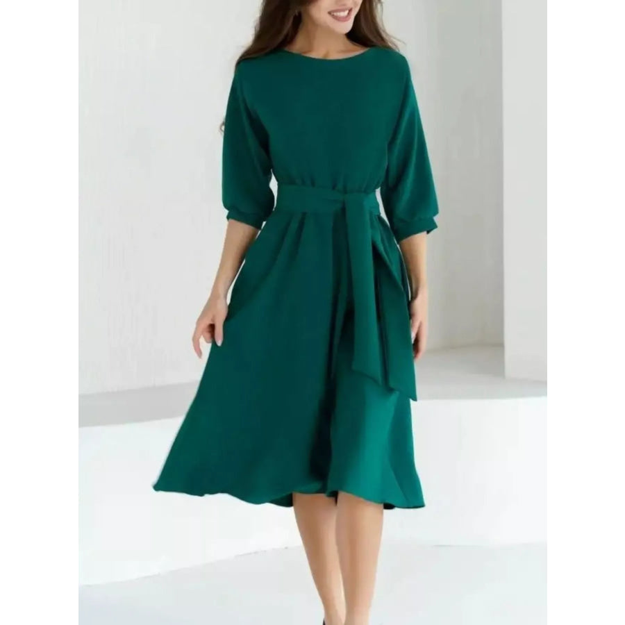 Elegant Belted Waist Midi Dress Green / S Apparel and Accessories