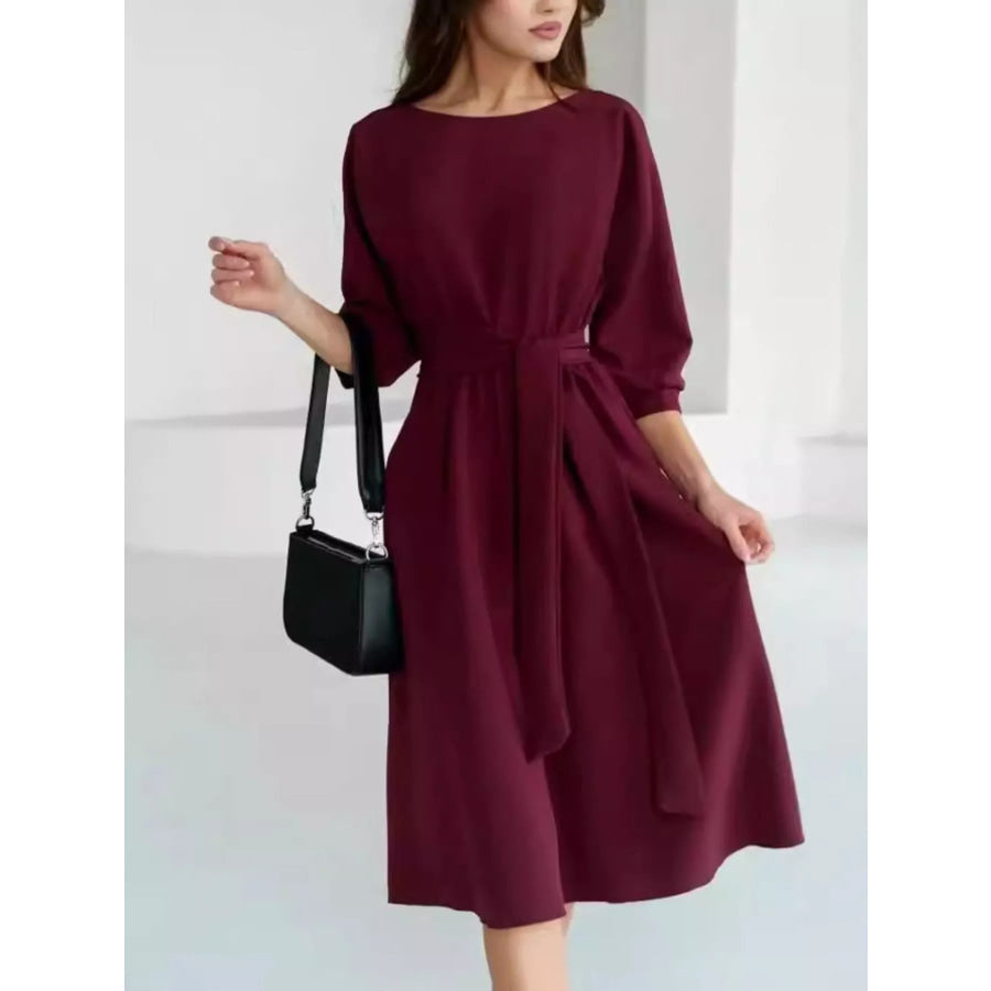 Elegant Belted Waist Midi Dress Red / S Apparel and Accessories