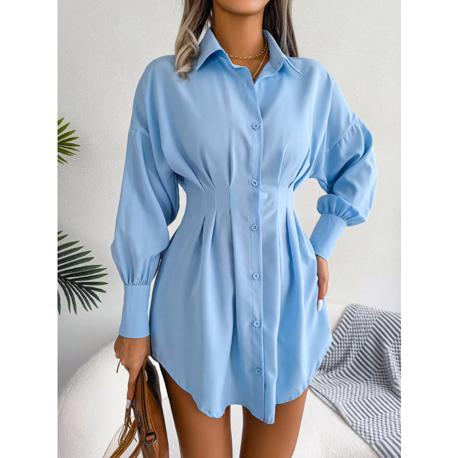Elegant Button-Down Cinched Waist Mini Shirt Dress Apparel and Accessories