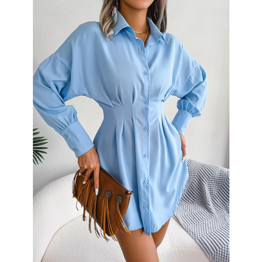 Elegant Button-Down Cinched Waist Mini Shirt Dress Apparel and Accessories
