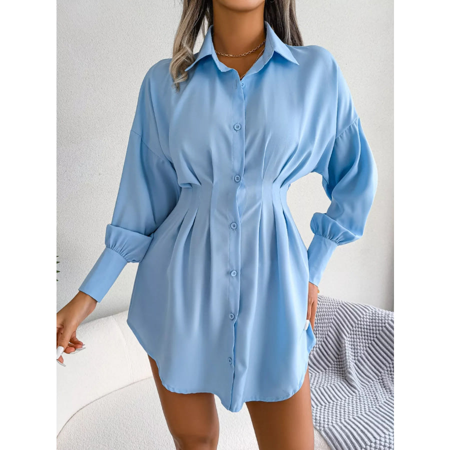 Elegant Button-Down Cinched Waist Mini Shirt Dress Apparel and Accessories