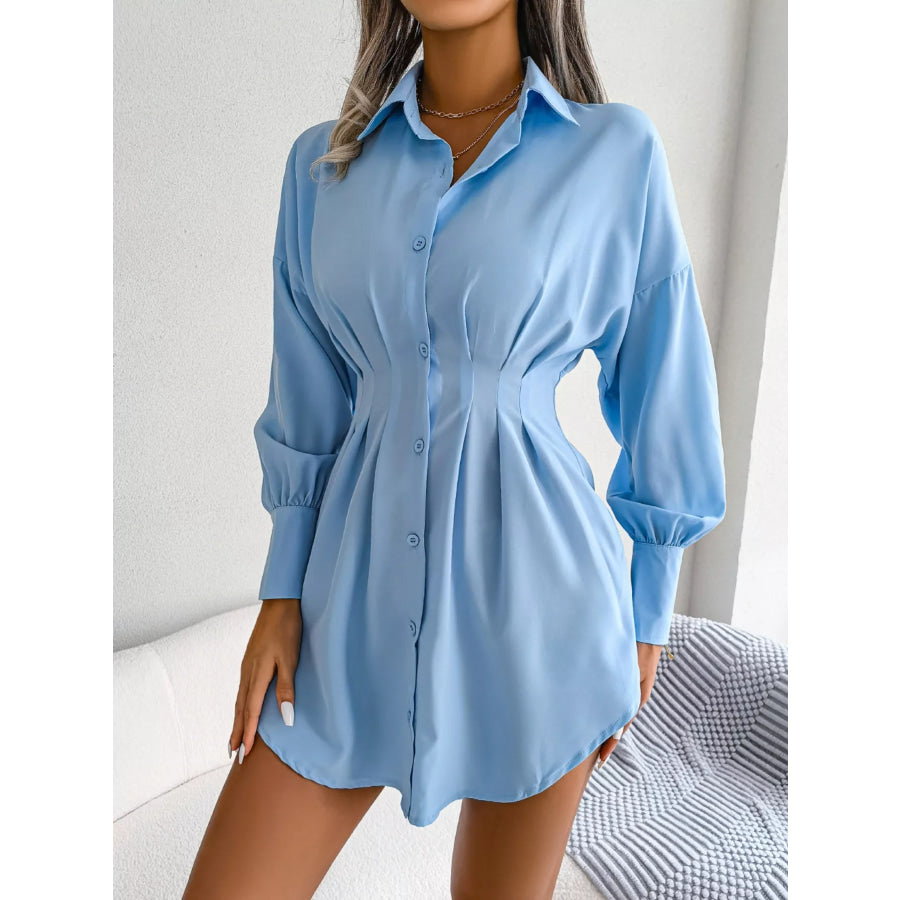 Elegant Button-Down Cinched Waist Mini Shirt Dress Light Blue / S Apparel and Accessories