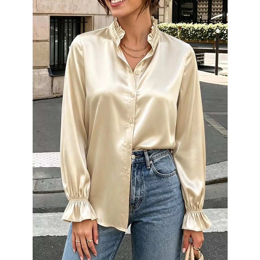 Elegant Button Down Ruffle Trim Satin Shirt Apricot Color / S