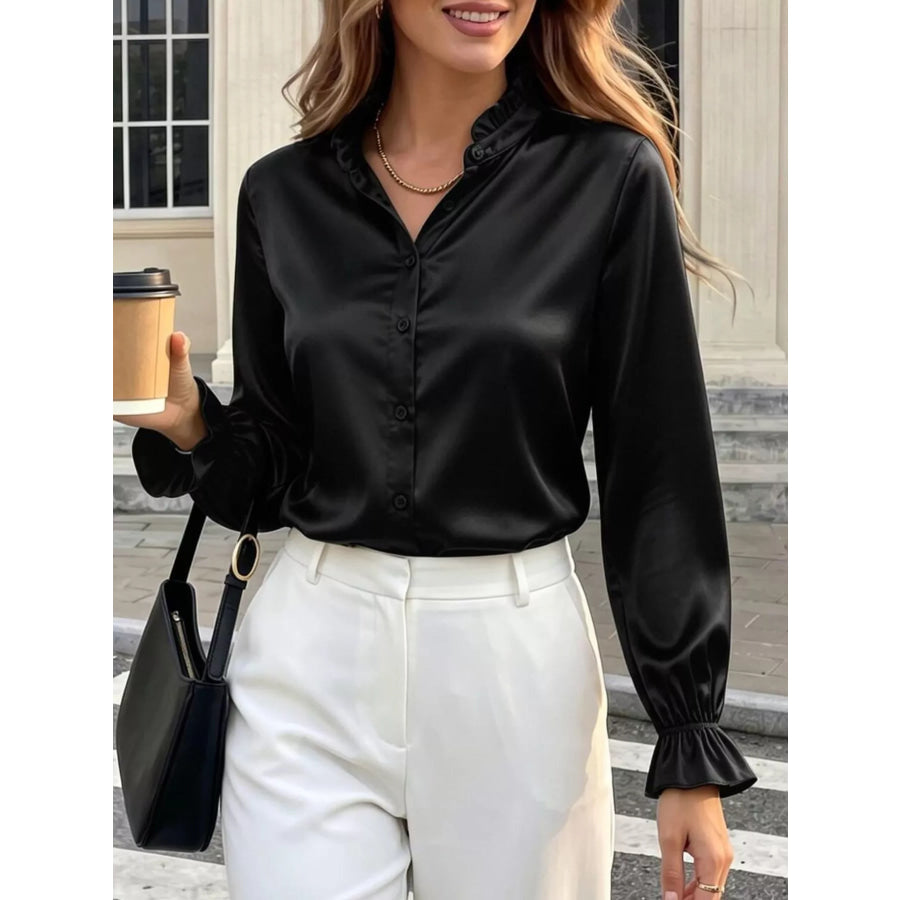 Elegant Button Down Ruffle Trim Satin Shirt Black / S